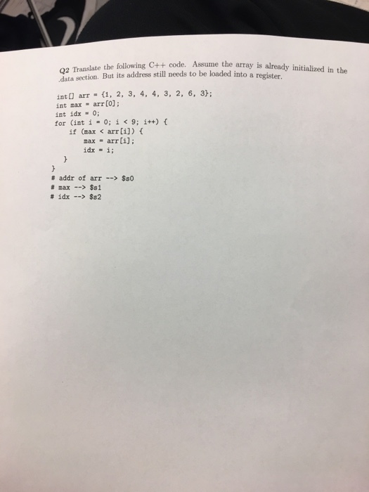 following C++ statement into MIPS code. Assume array is already initialized in