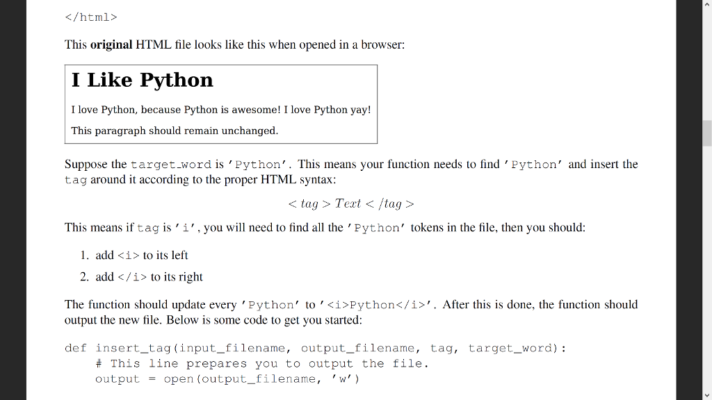 Stylizer (20 points) Write a function insert.tag) that takes the following arguments,