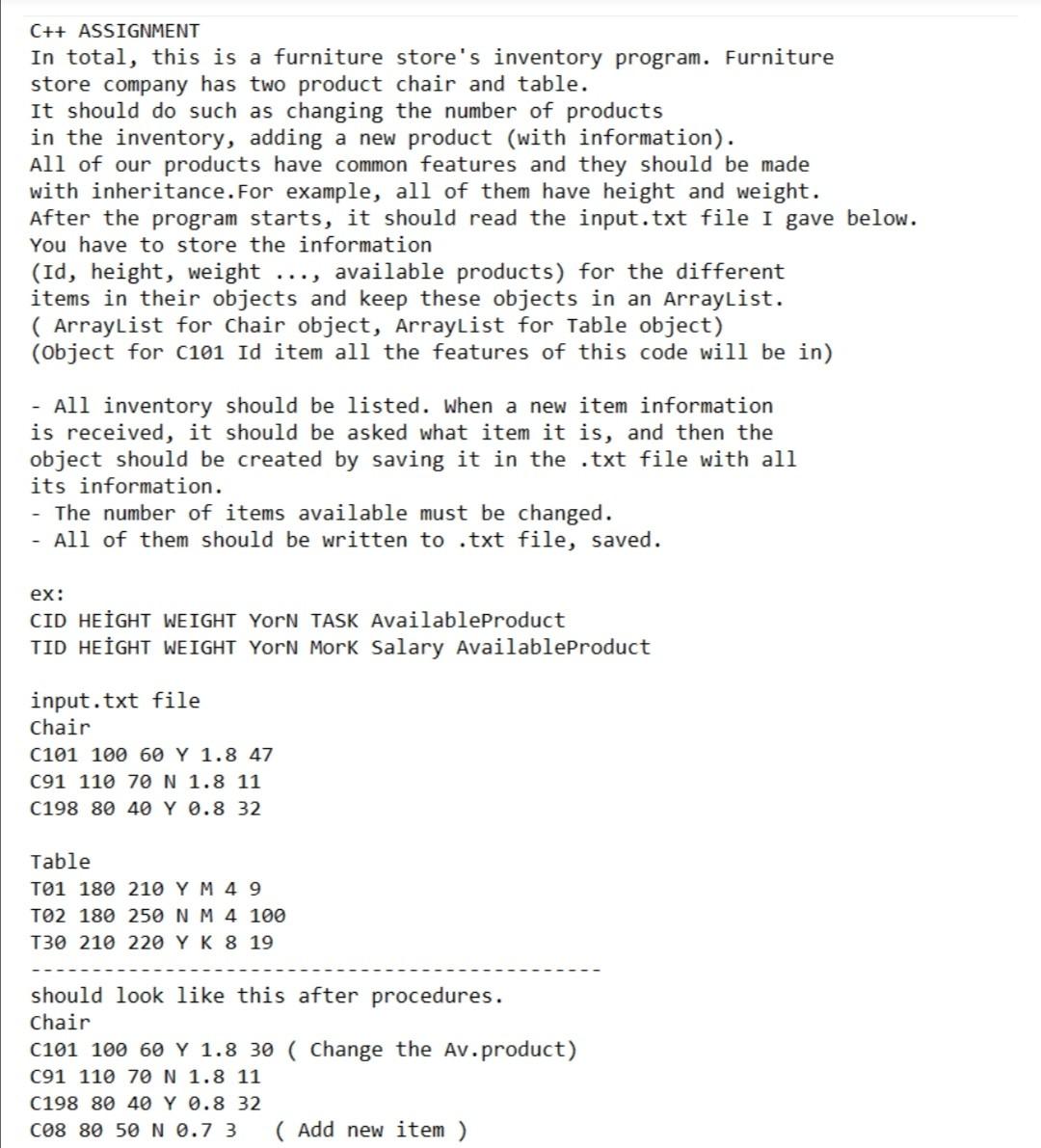 C++ assignmet its a inventory program. Read the text file store