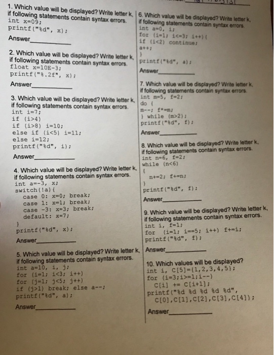 1. Which value will be displayed? Write letter k 16. Which
