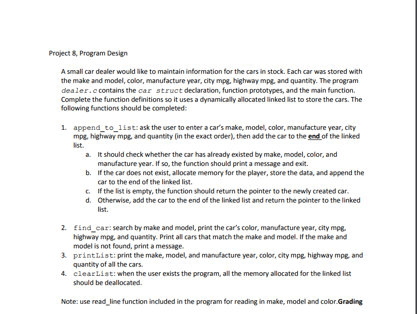 The following code is dealer.c Project 8, Program Design A small