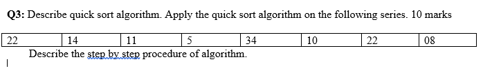 Describe quick sort algorithm. Apply the quick sort algorithm on the following