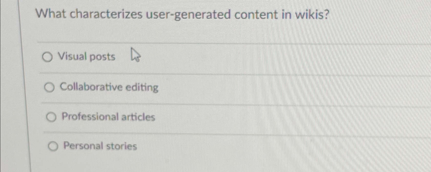  What characterizes user-generated content in wikis? Visual posts Collaborative editing Professional