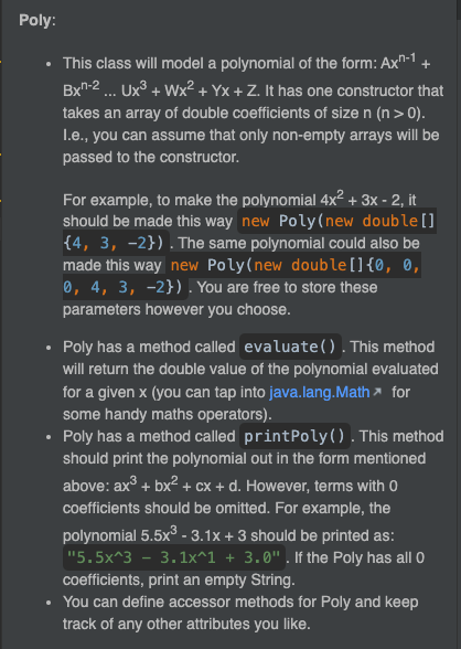  Please create the following JAVA CLASS POLY with the given requirements.