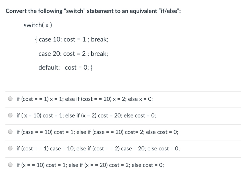 1) Convert the "Switch" statement to "if/else" 2) Convert from for loop