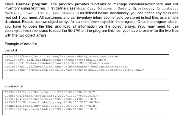  JAVA Programming Make Carmax program. The program provides functions to manage