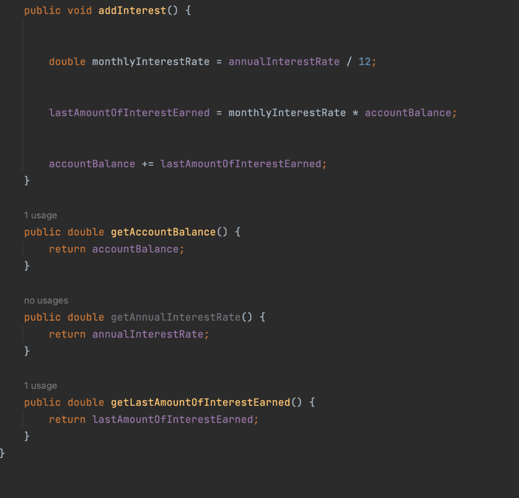 problem public class SavingsAccount \{ 6 usages private double accountBalance; 3 usages