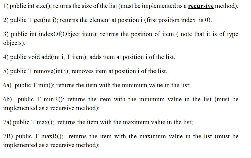 write in java using node Implement an Interface List that contains all