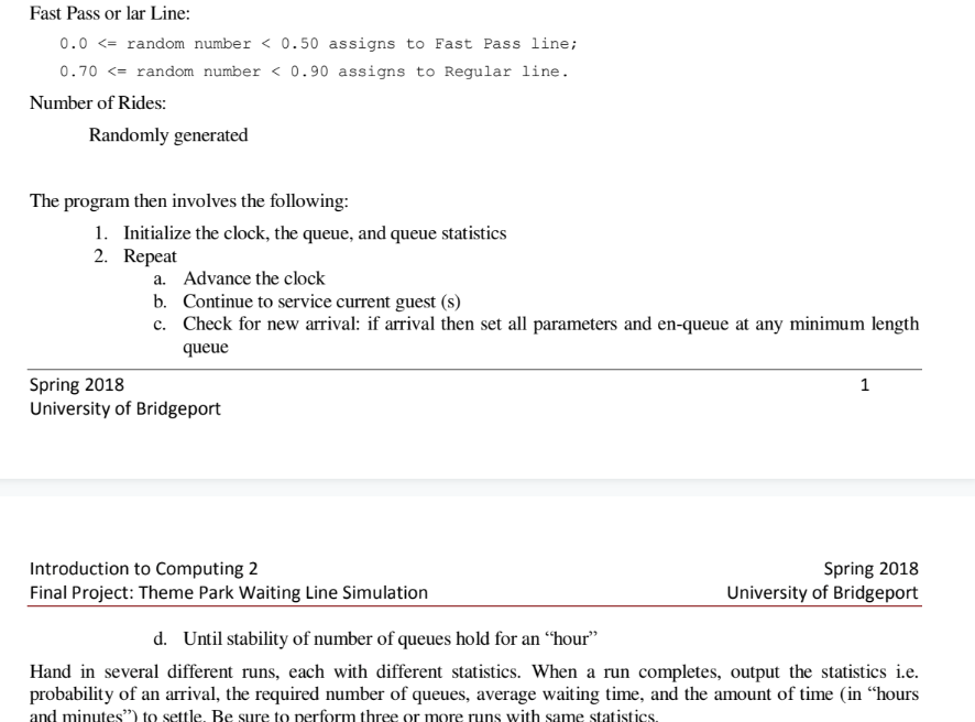 queues to simulate a Theme Park Waiting Line for n number of