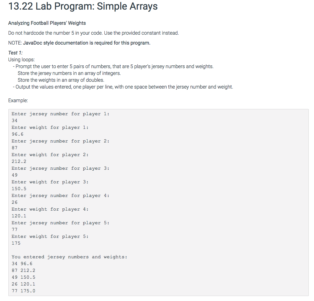 13.22 Lab Program: Simple Arrays Analyzing Football Players' Weights Do not