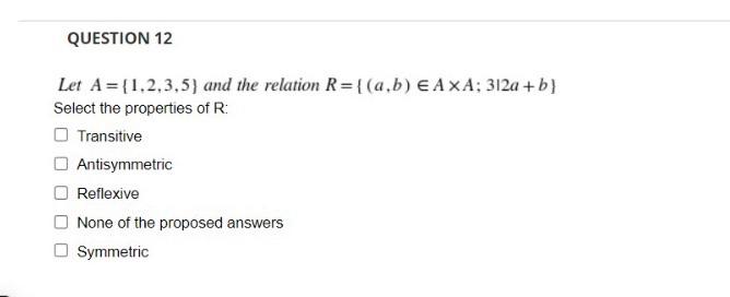  QUESTION 12 Let A={1,2,3,5) and the relation R={(a,b) E AXA; 312a