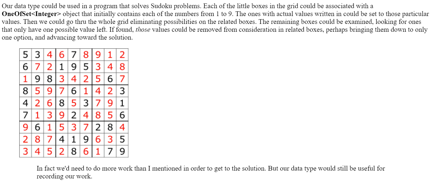 Values (ADT design) Summary Create a generic interface named OneOfSet to help
