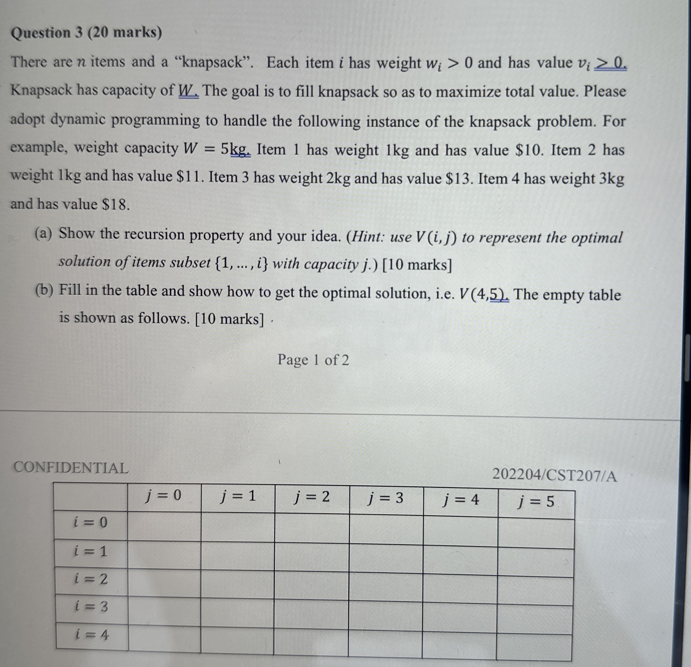  Question 3(20 marks) There are n items and a "knapsack". Each