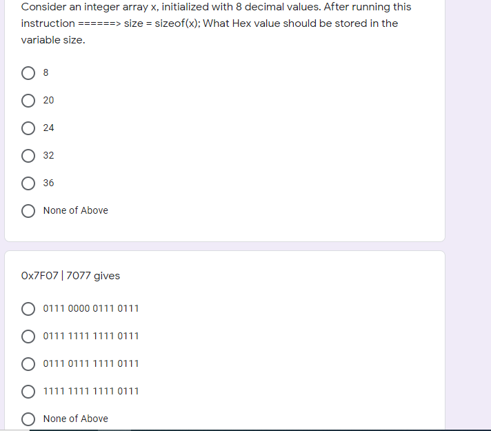 Consider an integer array x, initialized with 8 decimal values. After