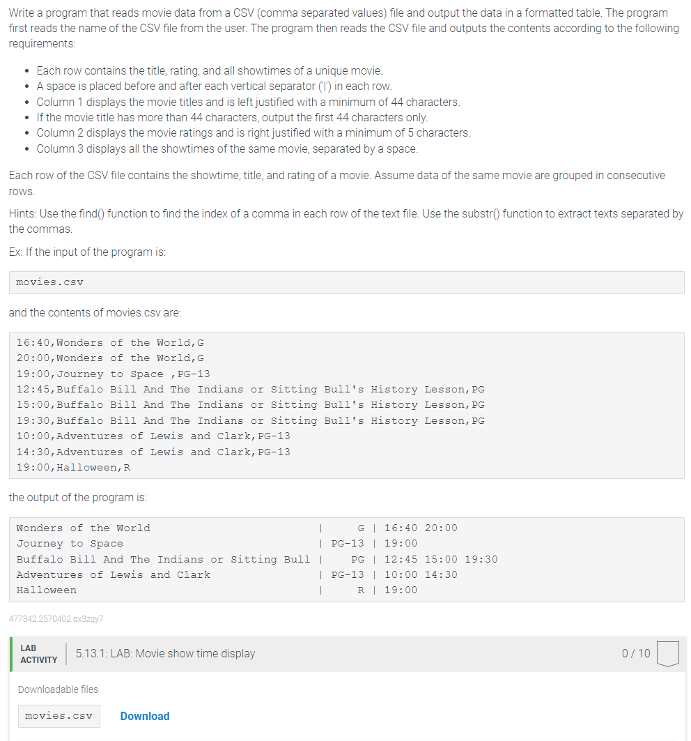  C++Write a program that reads movie data from a CSV (comma