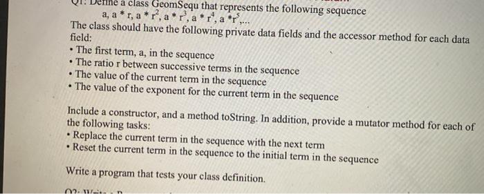 in java mne a class GeomSequ that represents the following sequence a,