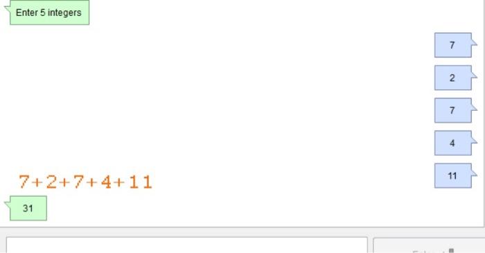 5 elements, return their sum (total) of all the element. For any