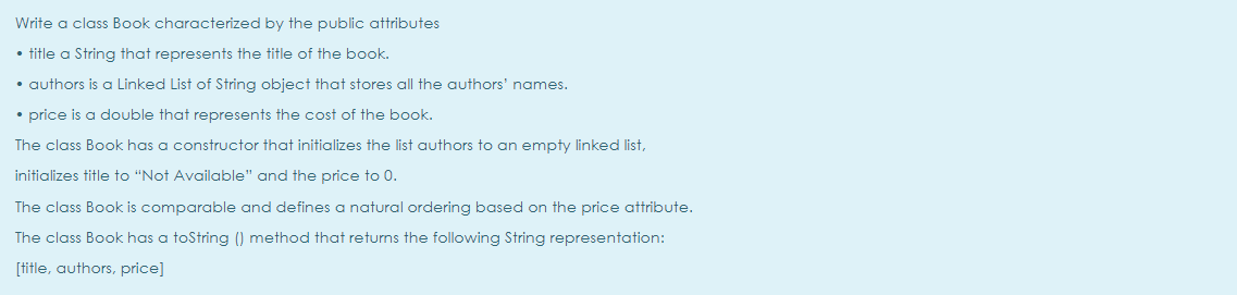 Wwrite a java language, Write a class Book characterized by the public