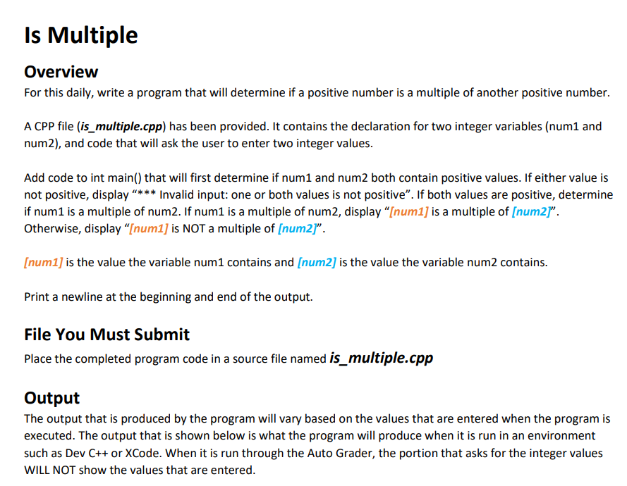  Is Multiple Overview For this daily, write a program that will
