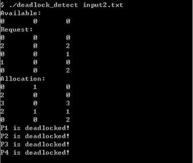 and the deadlock detection algorithm. The input is a file which contains