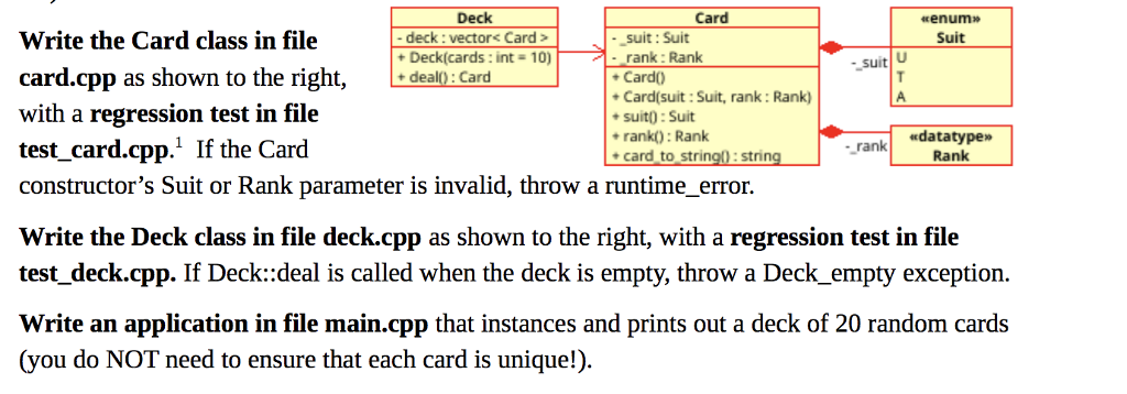  Deck - deck: vector +Deck(cards: int 10) Card enum Suit Write