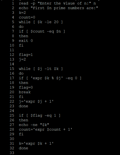 Shell script named as "prime.sh" to display first n prime numbers. The