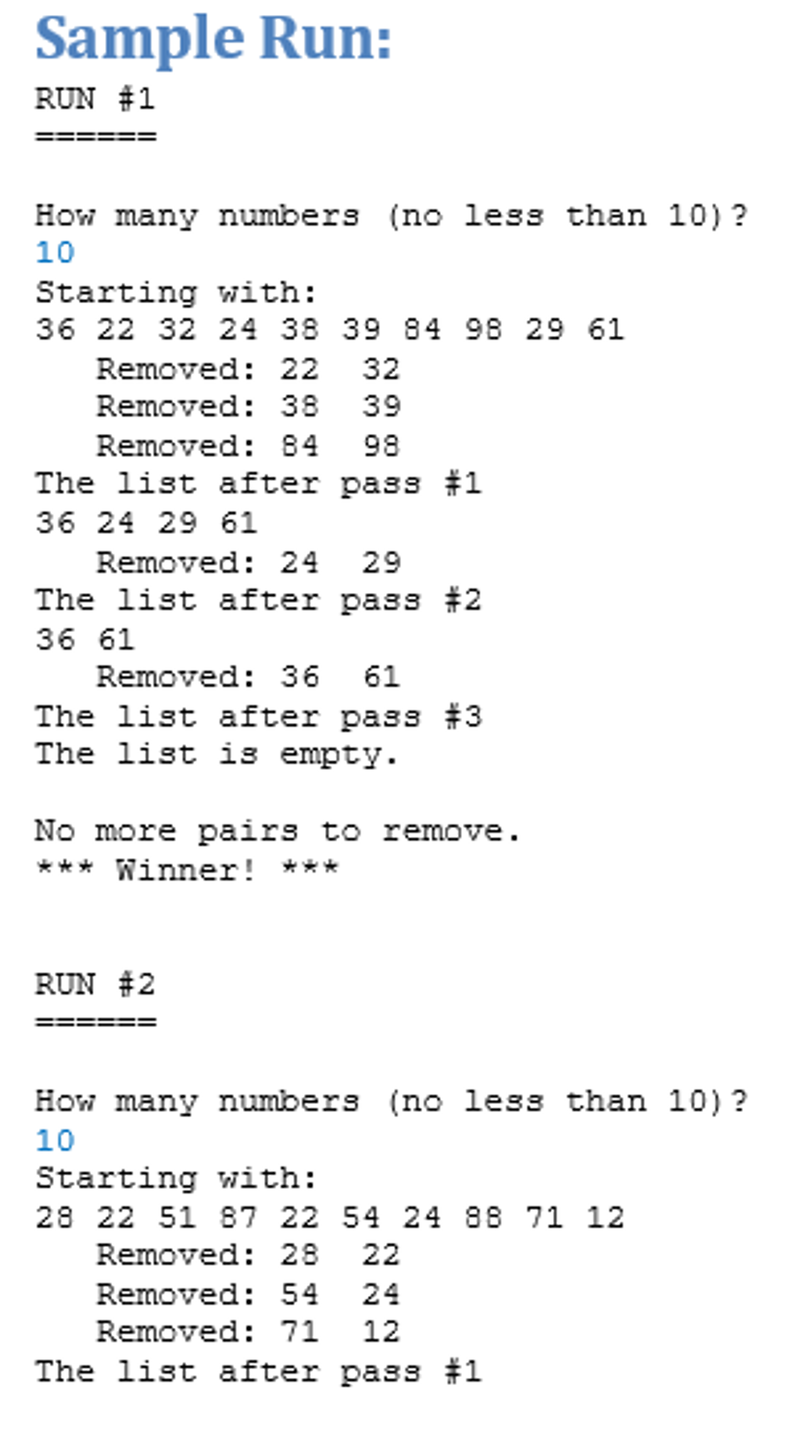 game in which you have a list of random integer values between
