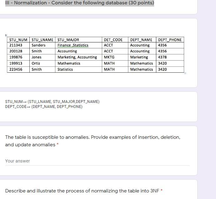 undefined III - Normalization - Consider the following database (30 points) STU_NUM