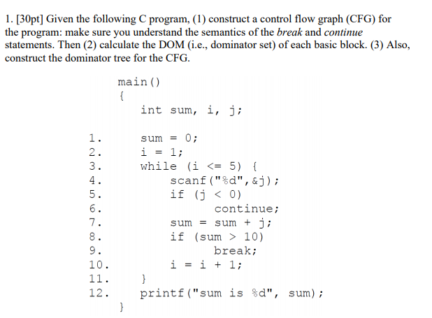  1. [30pt] Given the following C program, (1) construct a control