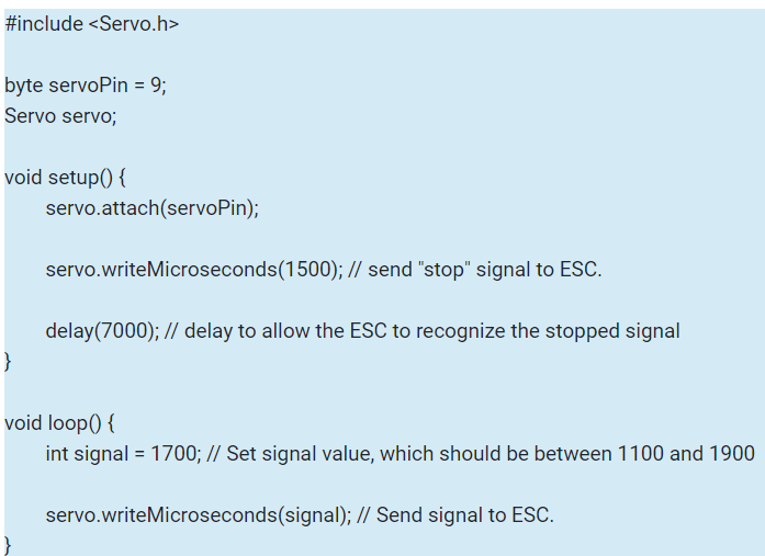 a STM32F3Discovery card, BlueRobotics Basic ESC controller and M100 motor. According to