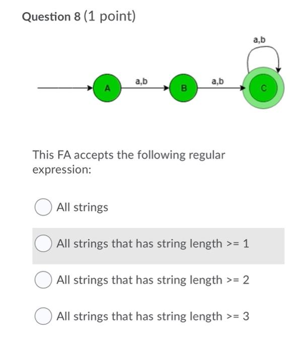  Question 8 (1 point) a,b a,b a,b A B This FA