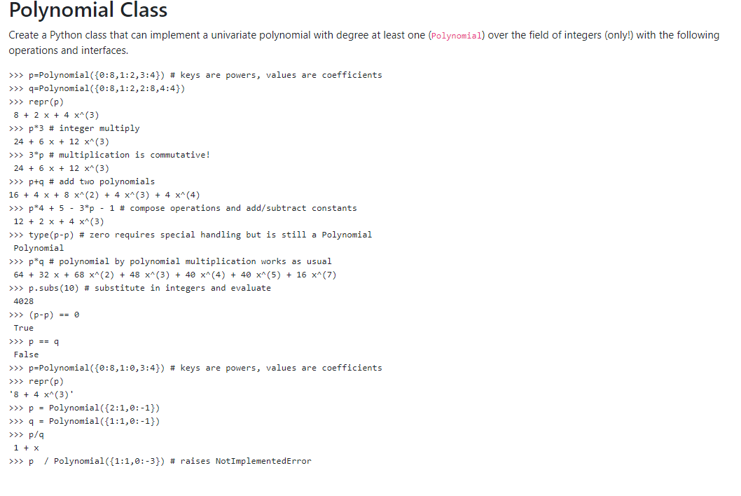  Polynomial Class Create a Python class that can implement a univariate