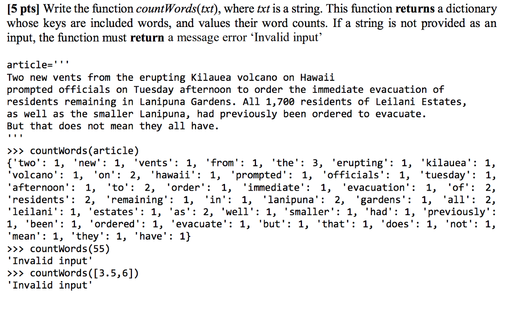 Write Code using Python def countWords(document): """ Takes a string as an