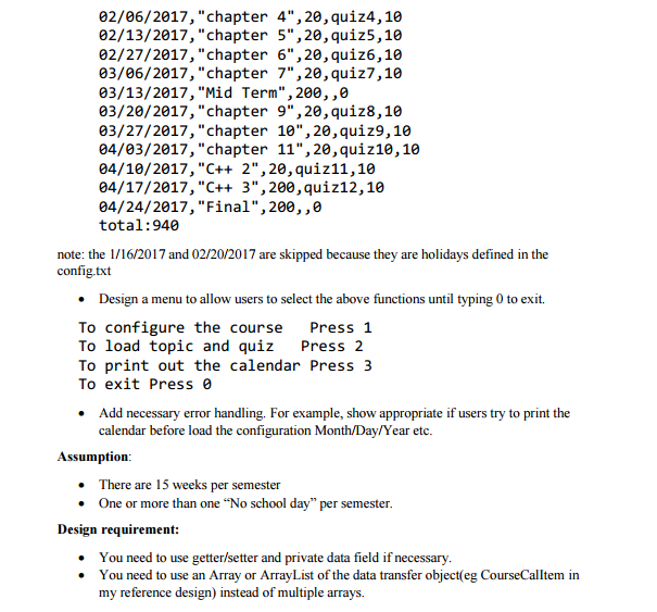 Console program to print out a course calendar. Users can input the