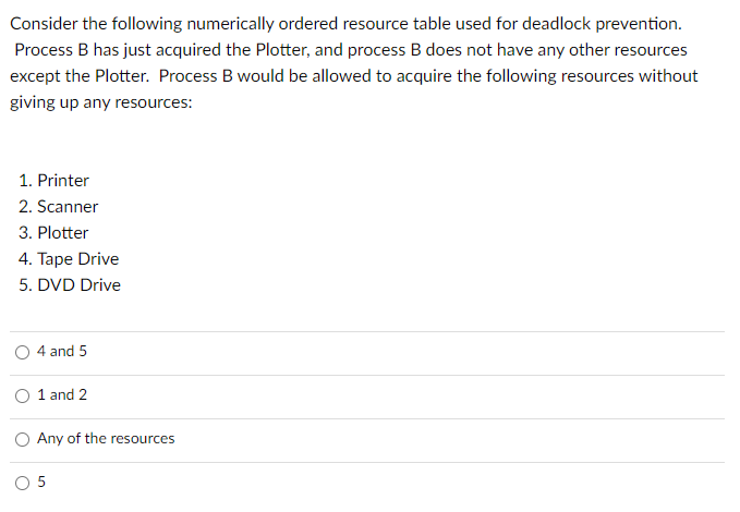  Consider the following numerically ordered resource table used for deadlock prevention.