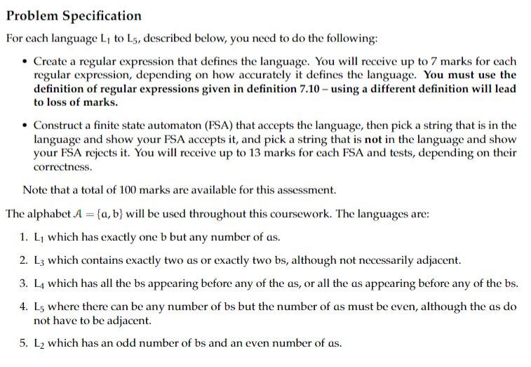  Problem Specification For each language L1 to L5, described below, you