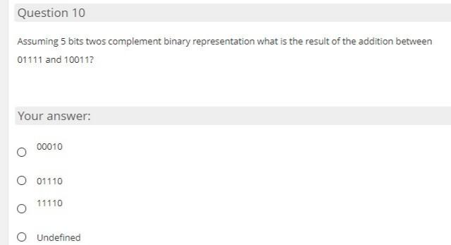  Question 10 Assuming 5 bits twos complement binary representation what is