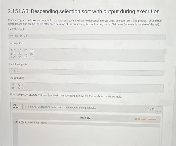 Descending selection sort with output during execution. Need the output to display