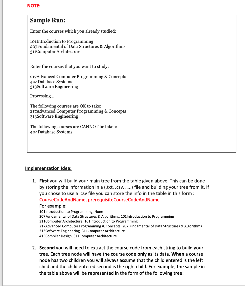 same instructions written Final Project: Student Course Registration Prerequisite Checking System Description: