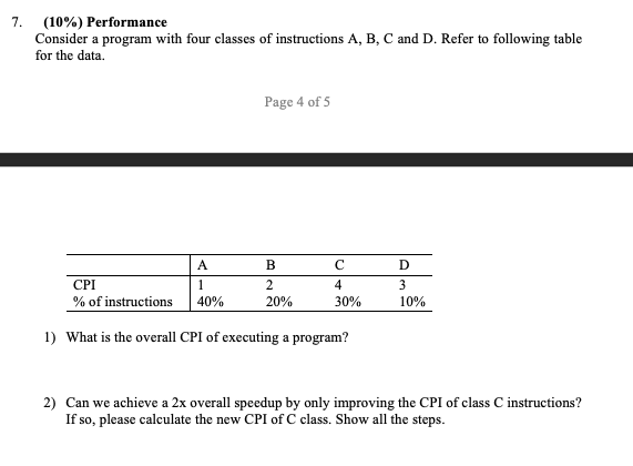 7. (10%) Performance Consider a program with four classes of instructions