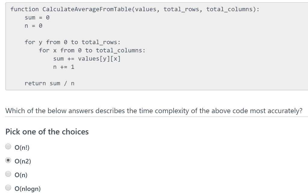 Please check my answers for time complexity function CalculateAverageFromTable (values, total_rows, total_columns):
