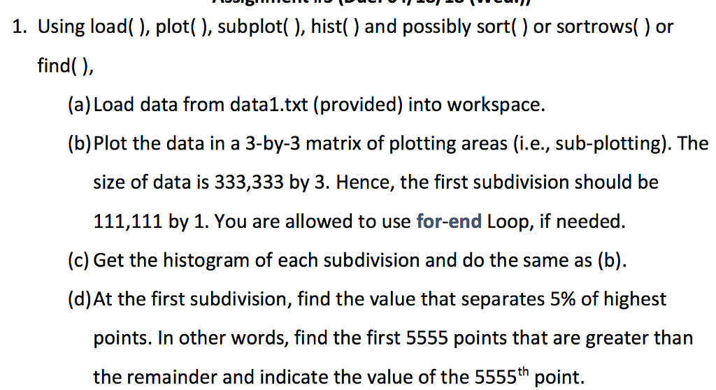 Use Matlab data1.txt: https://ufile.io1kdj 1. Using load(), plot(), subplot( ), hist() and