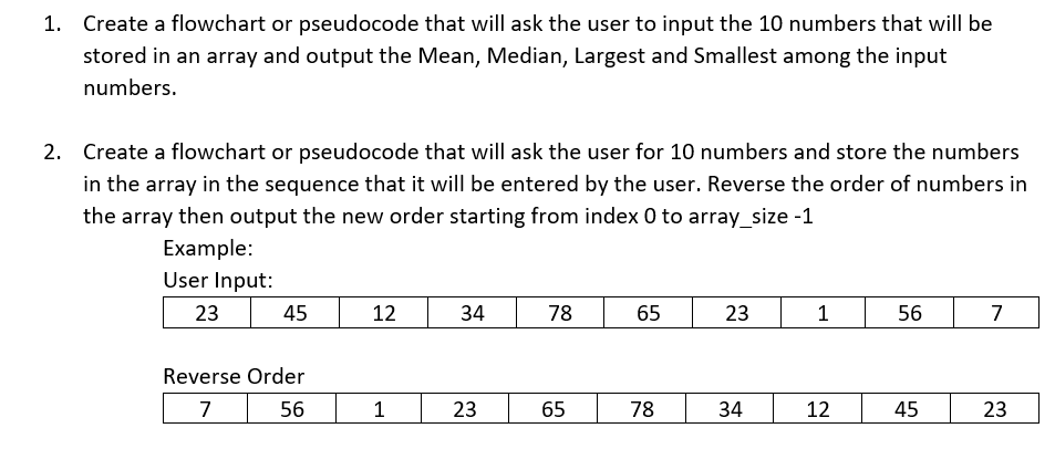 Pseudocode pls. 1. Create a flowchart or pseudocode that will ask