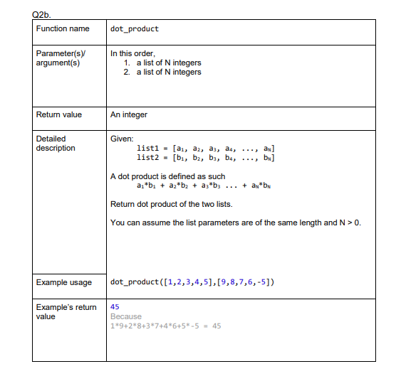 the following functions. Q2a. Function name question_2a Parameter(s) argument(s) In this order,