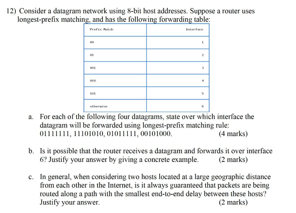  12) Consider a datagram network using 8-bit host addresses. Suppose a