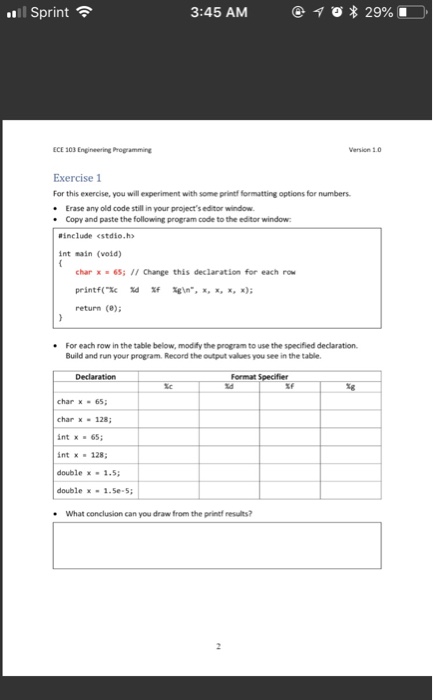  Sprint 3:45 AM @ 1 ? * 29%..O ECE 103 Engineering