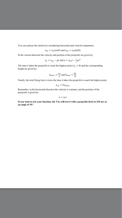 a function file that calculates the trajectory of a projectile. The inputs