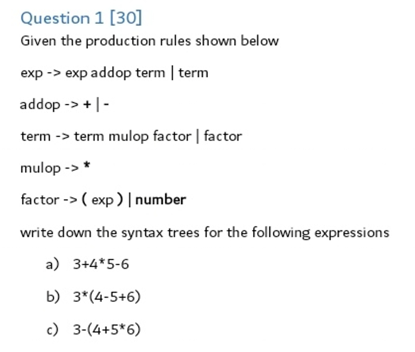  Question 1[30] Given the production rules shown below exp exp addop