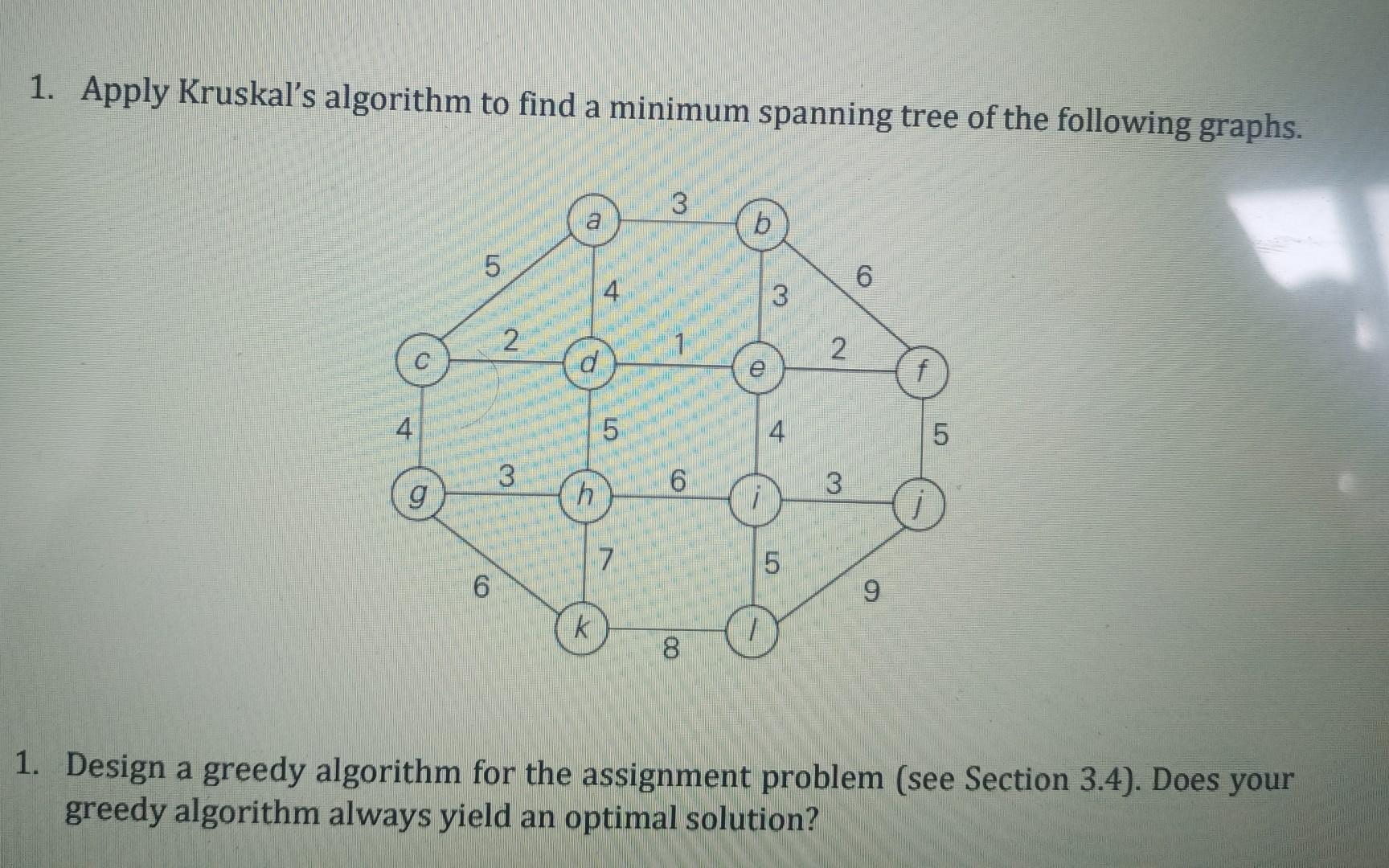  I need clear answer for this 1. Apply Kruskal's algorithm to