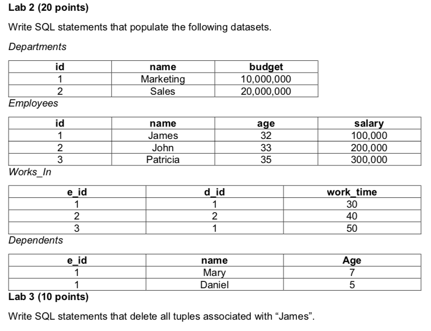 please answer both. Lab 2 (20 points) Write SQL statements that populate